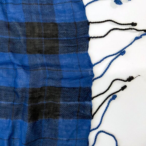 BLUE TARTAN PLAID COTTON LIGHTWEIGHT SCARF - Picture 2 of 2